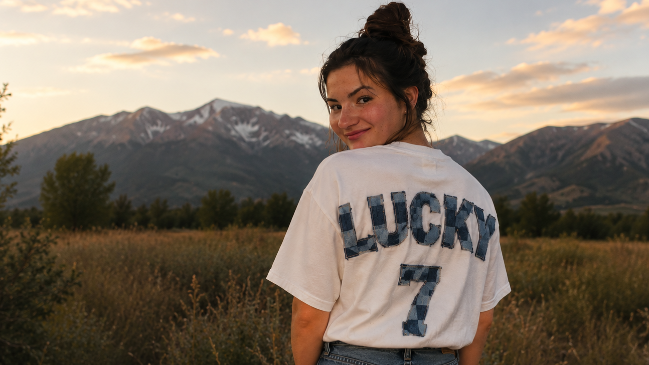 Person wearing a 'Lucky 7' shirt in a field with mountains in the background