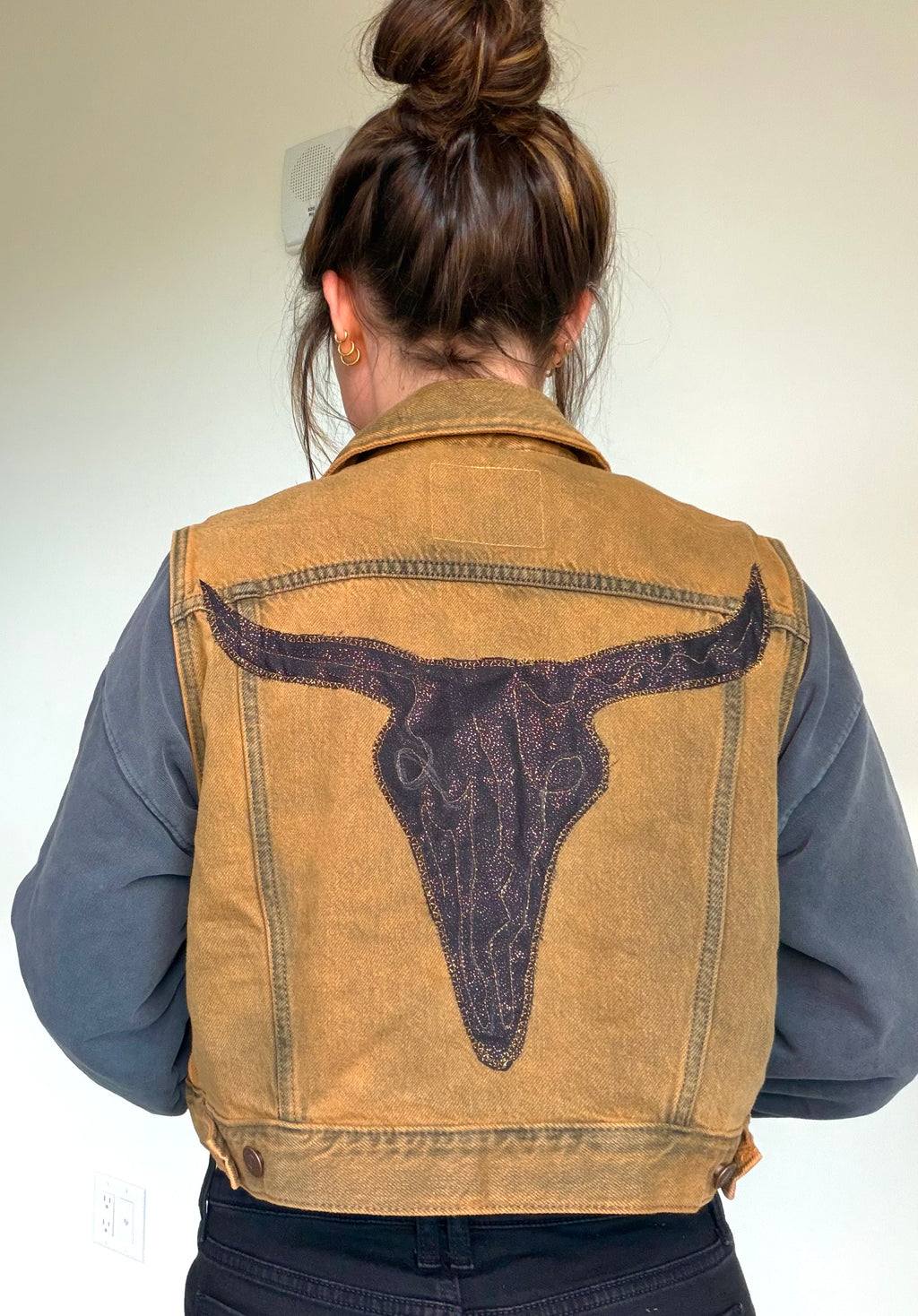 Western Bull Skull Denim Cropped Vest
